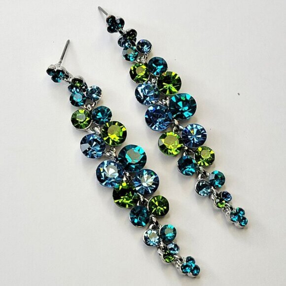 Aqua Green Blue Crystal Drop Earrings Long Dangling Crystal Earrings - Picture 5 of 6